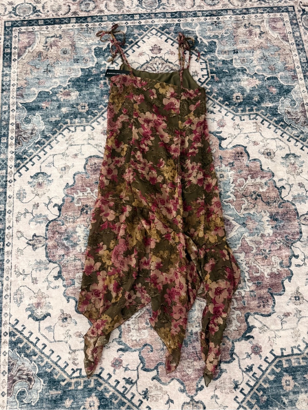 Delia’s Floral Tie-Shoulder Asymmetric Midi Dress - Olive & Pink - Picture 3 of 5